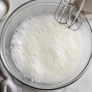 Foamy egg whites in a mixing bowl.