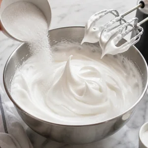 Sugar being added to glossy whipped egg whites.