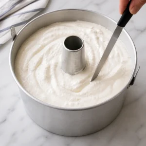 Thin knife drawn through angel food cake batter in a tube pan.