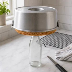 Tube pan inverted over a bottle to cool angel food cake.