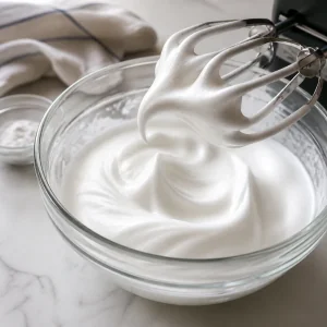 Whipped egg whites forming soft peaks on mixer beaters.