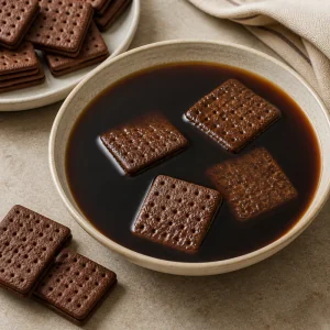 Chocolate cookies dipped in cooled coffee