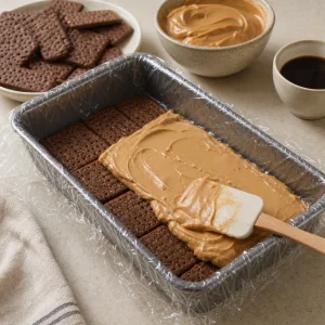 Coffee-soaked cookies layered with dulce de leche cream in a pan