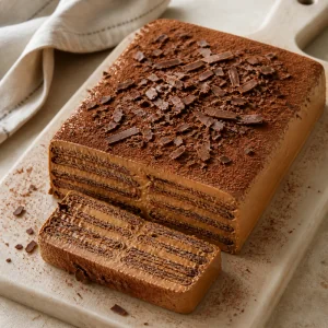 Finished chocotorta with cocoa, chocolate shavings, and sliced layers