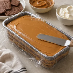 Layered chocotorta topped with a smooth dulce de leche cream layer