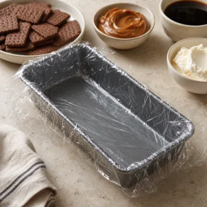 Plastic-wrap-lined pan ready for chocotorta layers