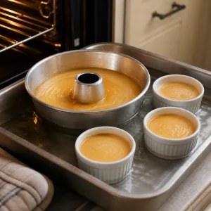 Creme de flan assado e acabado de firmar no banho-maria.