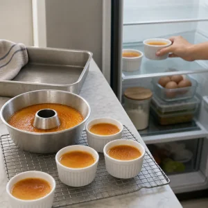 Formas de flan assadas a arrefecer antes de irem ao frigorífico.