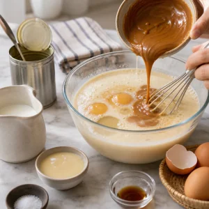 Ingredientes do creme batidos com um fio de doce de leite aquecido.