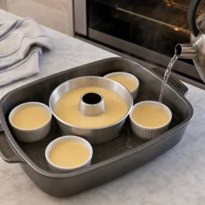 Forma de flan e ramequins cheios dentro de um banho-maria quente.