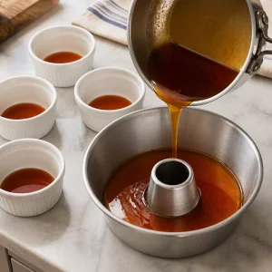 Caramelo quente a ser vertido numa forma de flan e em ramequins.