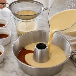 Creme coado a ser vertido sobre caramelo firme na forma de flan.