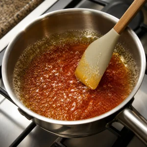 Açúcar a derreter até virar caramelo âmbar escuro numa panela.