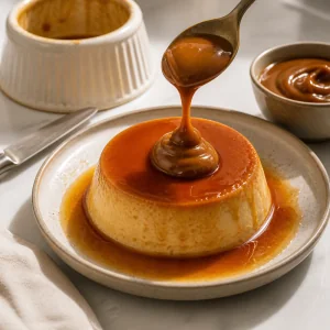 Flan de doce de leite desenformado com caramelo e calda morna.
