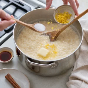 Manteiga, raspa de limão, açúcar e baunilha misturados no arroz doce quente.