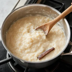 Arroz con leche cremoso a engrossar enquanto é mexido com uma colher de pau.