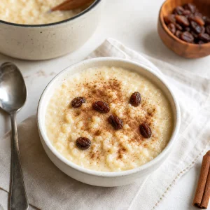 Arroz con leche pronto servido numa tigela com canela e passas.