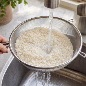 Arroz branco de grão longo sendo lavado numa peneira fina em água fria.