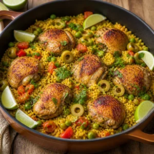 Готовый arroz con pollo с горошком, оливками, кинзой и лаймом
