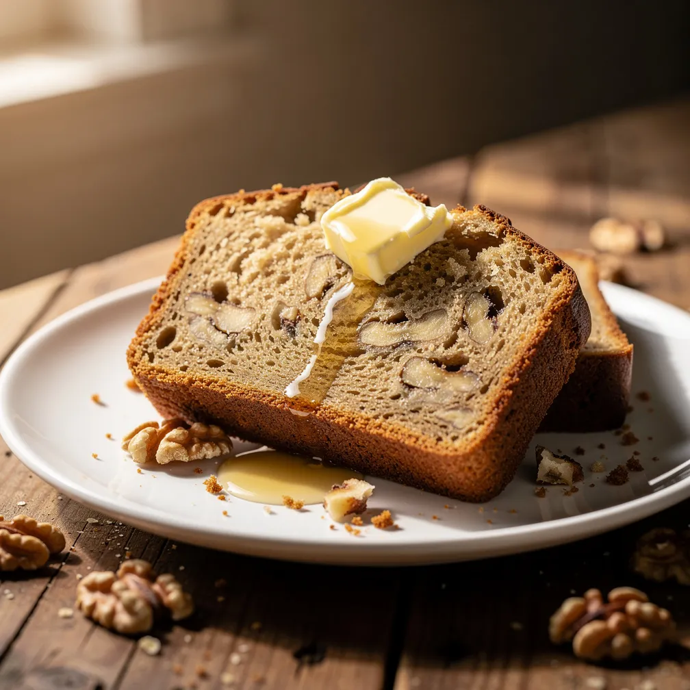 A golden slice of moist banana bread with walnuts and melting butter on a ceramic plate