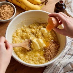 Eier und Butter werden mit zerdrückten Bananen und Zucker gemischt