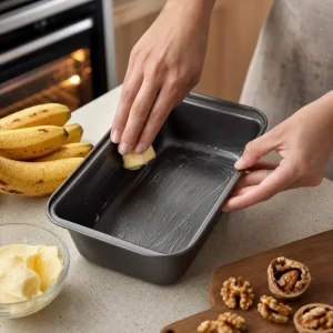 Gefettete Kastenform bereit für Bananenbrotteig