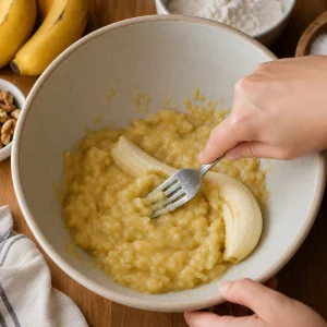 Reife Bananen mit einer Gabel in einer Schüssel zerdrückt