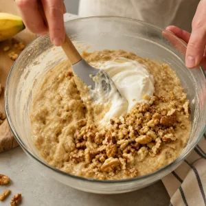 Walnüsse und Joghurt unter Bananenbrotteig gehoben