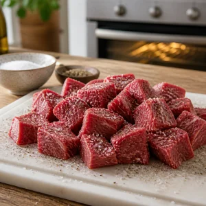 Beef chuck cubes seasoned with salt and black pepper before cooking.