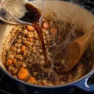 Dark stout and beef stock poured into the pot while browned bits are scraped up.