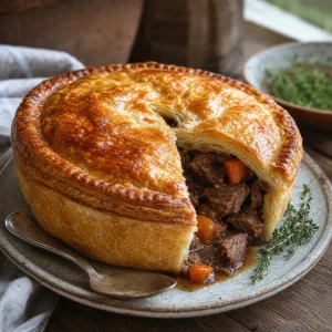 Finished beef and Guinness meat pie with golden flaky pastry and rich beef filling.