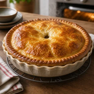 Freshly baked beef and Guinness meat pie resting with puffed golden pastry.