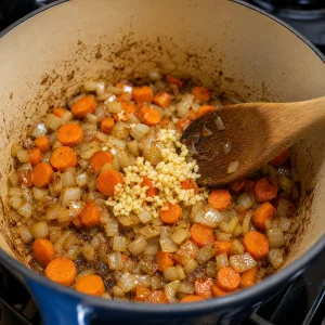 Onions, carrots, and garlic softening in the browned Dutch oven.