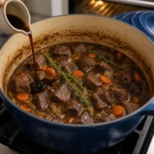 Seared beef returned to the dark gravy with carrots, onions, and thyme before braising.