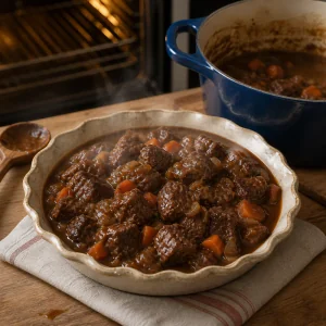 Tender beef and Guinness filling transferred to a pie dish to cool slightly.