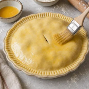 Unbaked pastry lid brushed with beaten egg wash for a golden finish.