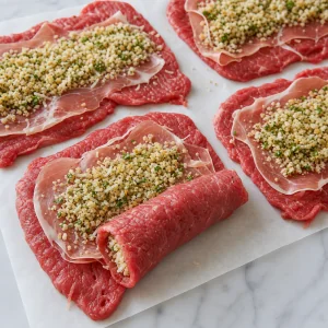 Beef cutlets layered with prosciutto and breadcrumb filling for rolling.