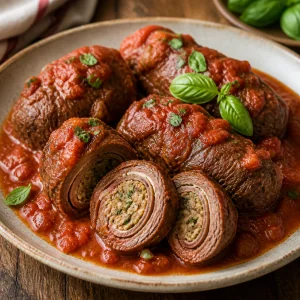 Finished beef braciole sliced and spooned with tomato sauce.