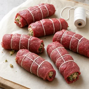 Raw beef braciole rolls tied with kitchen twine.
