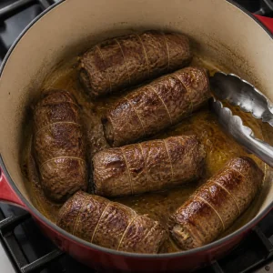 Tied beef braciole rolls browning in a Dutch oven.