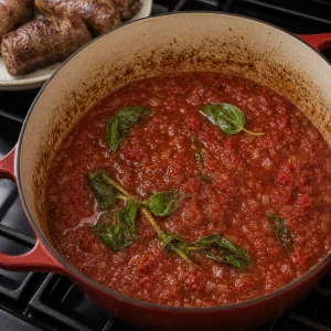 Tomato sauce with basil forming in the Dutch oven.