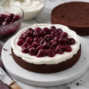 Chocolate cake layer topped with whipped cream and glossy kirsch cherry filling.