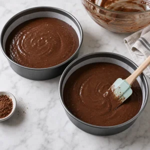 Dark chocolate cake batter divided evenly between two round pans before baking.