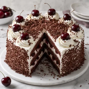 Finished Black Forest cake with whipped cream, cherries, chocolate shavings, and a sliced layered interior.