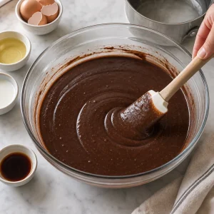 Glossy dark chocolate cake batter stirred in a mixing bowl with wet ingredients nearby.