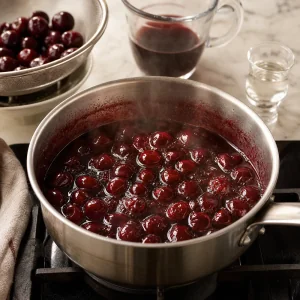 Kirsch cherry filling simmering in a saucepan with glossy dark cherries and syrup.