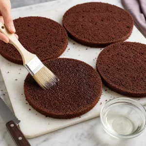 Sliced chocolate cake layers brushed with Kirsch syrup on a work surface.