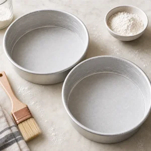 Two round cake pans greased, floured, and lined with parchment for chocolate cake.