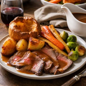 Plato final de asado dominical con ternera, verduras, Yorkshire pudding y gravy.
