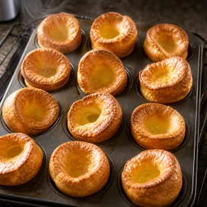 Yorkshire puddings dorados inflados en un molde para muffins.
